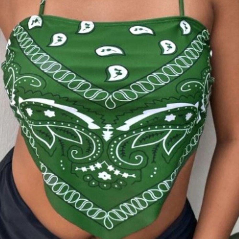 Shein Plus Paisley Print Hanky Hem Bikini Top - Green 2XL